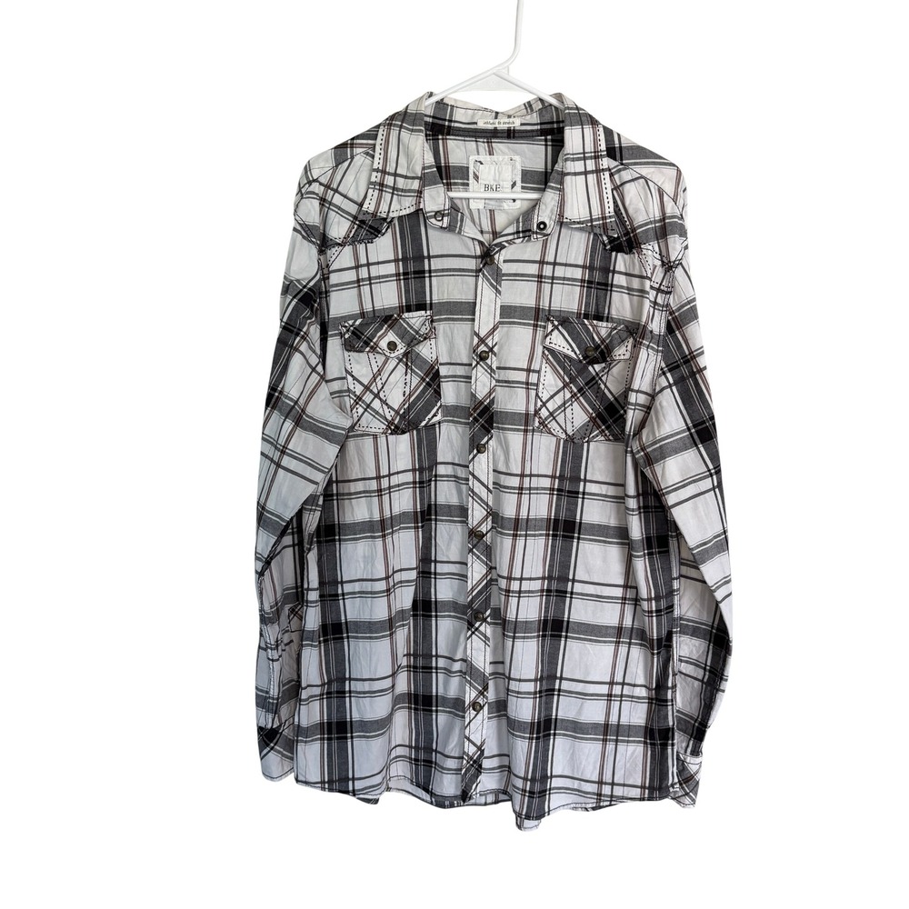 BKE Athletic Fit Stretch Plaid Western Shirt Men XL White Black Brown Snap Front